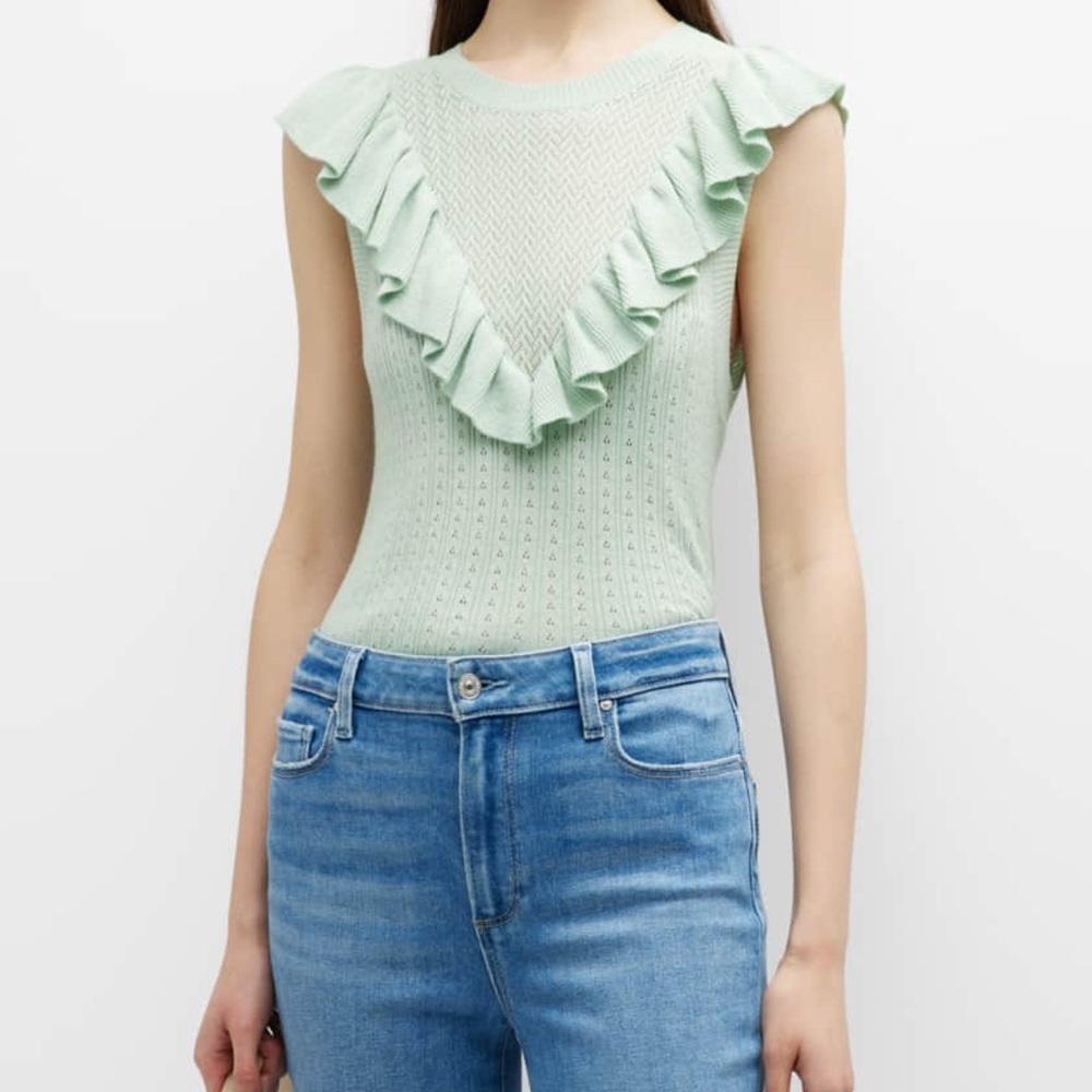 PAIGE‎ Mint Green Rosina Pointelle Ruffle Sleeveless Sweater Top Sz M EUC